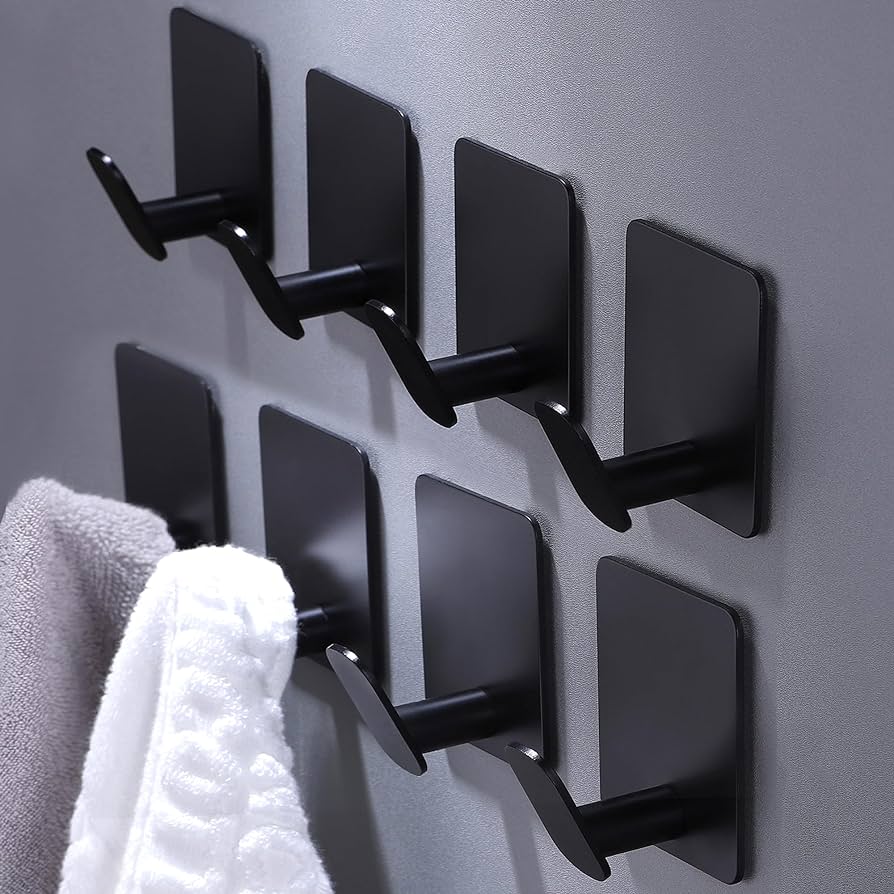 Deliton 8 Pack Adhesive Towel Hooks - Bathroom Towel Hooks/wall Hooks For Hanging Coat Robe Stick On Bathroom Or Kitchen Matte Black Stainless Steel