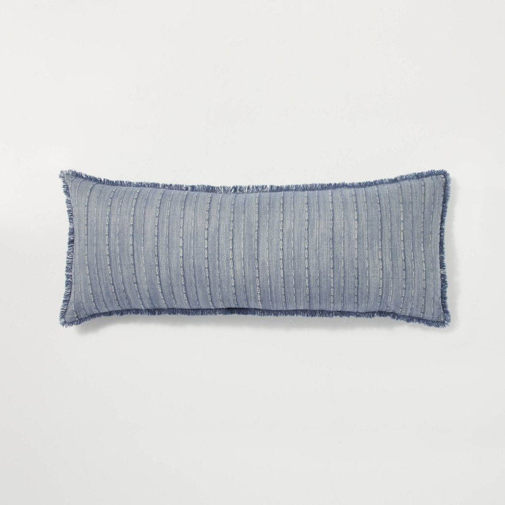 16"x42" Washed Loop Stripe Lumbar Bed Pillow Blue - Hearth & Hand™ With Magnolia: Cotton Dobby, Removable Cover, Indoor Use