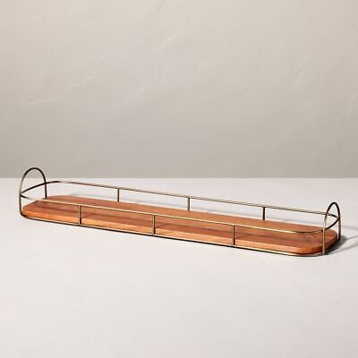 32" Wooden Decorative Tray With Metal Trim Brown/brass - Hearth & Hand With