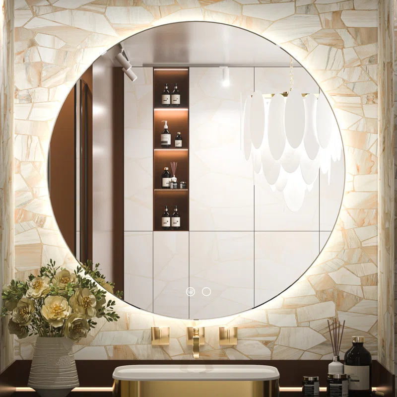 Orren Ellis Adorna Round Led Backlit Frameless Bathroom Mirror With Dimmable Brightness Anti Fog Function
