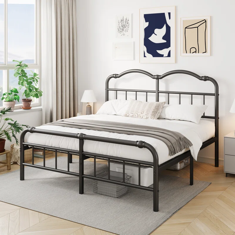 Amylia 18" Heavy-Duty, Noiseless, Non-Rocking, Metal Iron Platform Bed Frame with Headboard