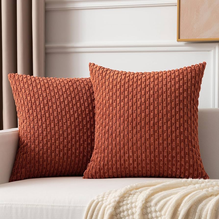 Kevin Textile 2 Packs Boho Decorative Throw Pillow Covers 18x18 Inch For Living Room Couch Bed Sofa Rustic Modern Farmhouse Home Decor Soft Corduroy Rust Square Cushion Case 45x45 Cm : Home & Kitchen