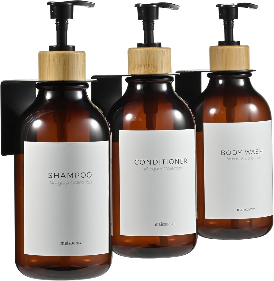 Maisonovo Shampoo And Conditioner Dispenser - Shower Soap Dispenser Wall Mounted - 16.9 Fl Oz Set Of 3 Amber Plastic Bottles Black Pump - Shampoo Dispenser
