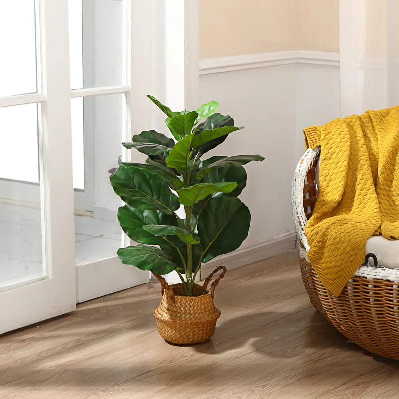 Primrue Adcock Artificial Fiddle Leaf Fig Plant In Basket Faux Green Plant Fake Tree For Home Decor