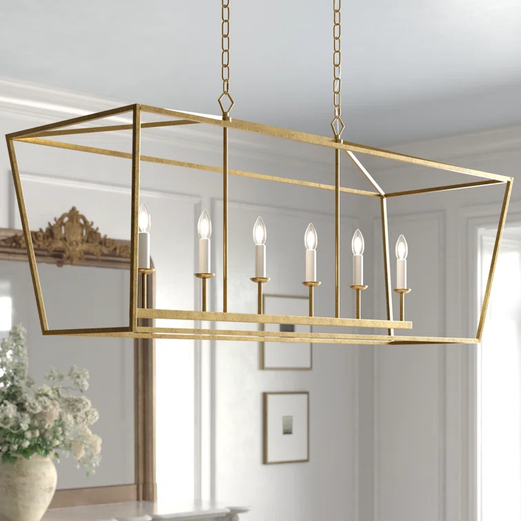 Kelly Clarkson Home Callie H247 X L49 X W15 Cage Large Lantern Iron Art Design 6 Lights Candle Style Island Chandelier Pendant Ceiling Light Fixture Aged Gold