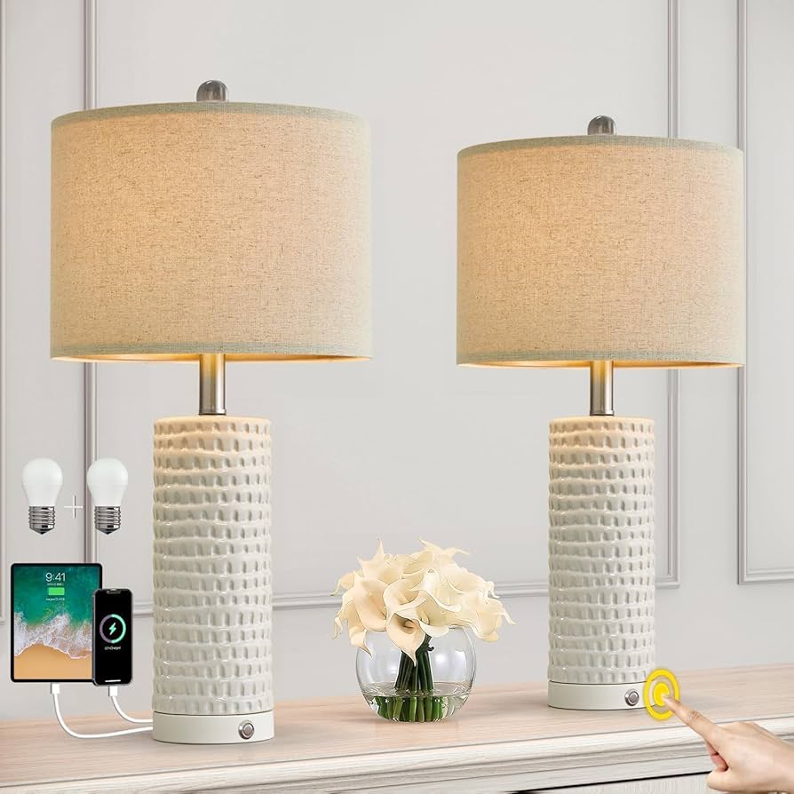 Portres 24" Farmhouse 3-way Dimmable Touch Ceramic Table Lamp Set Of 2 For Bedroom White Bedside Lamps With Usb A+c Charging Ports For Living Room Nightstand Lamp End Table Lamps