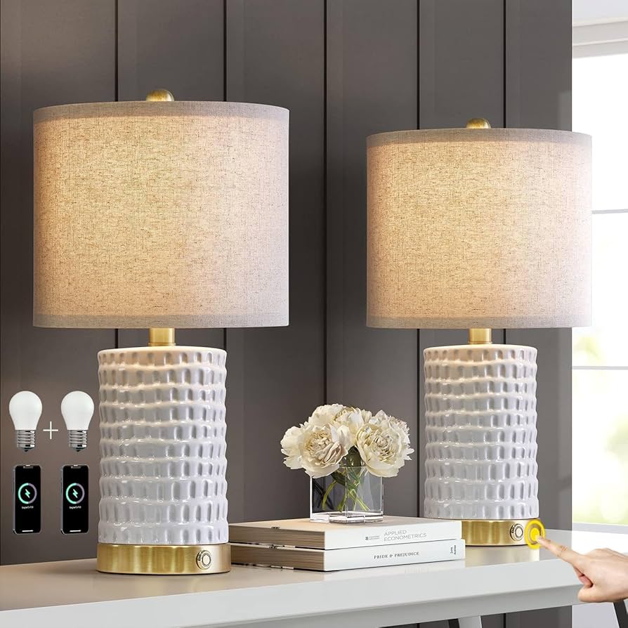 Portres 19" Farmhouse 3-way Dimmable Touch Ceramic Table Lamp Set Of 2 For Bedroom White Bedside Lamps With Usb A+c Charging Ports For Living Room Nightstand Lamp End Table Lamps