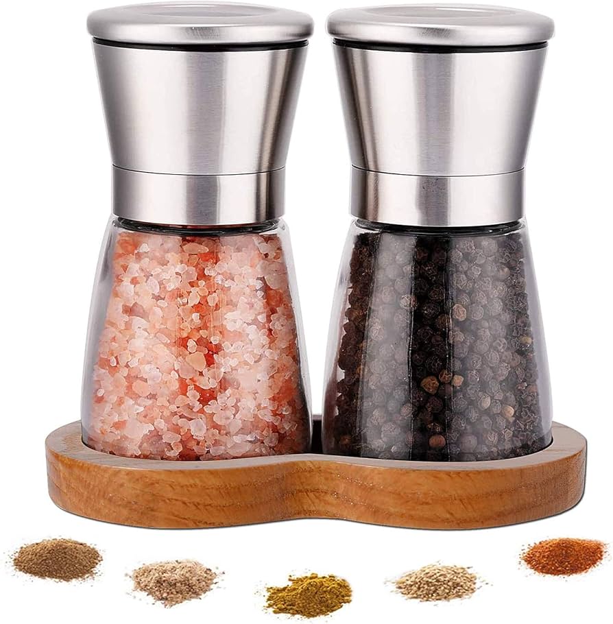 Lessmo Salt And Pepper Grinder Set With Wooden Standing Tray