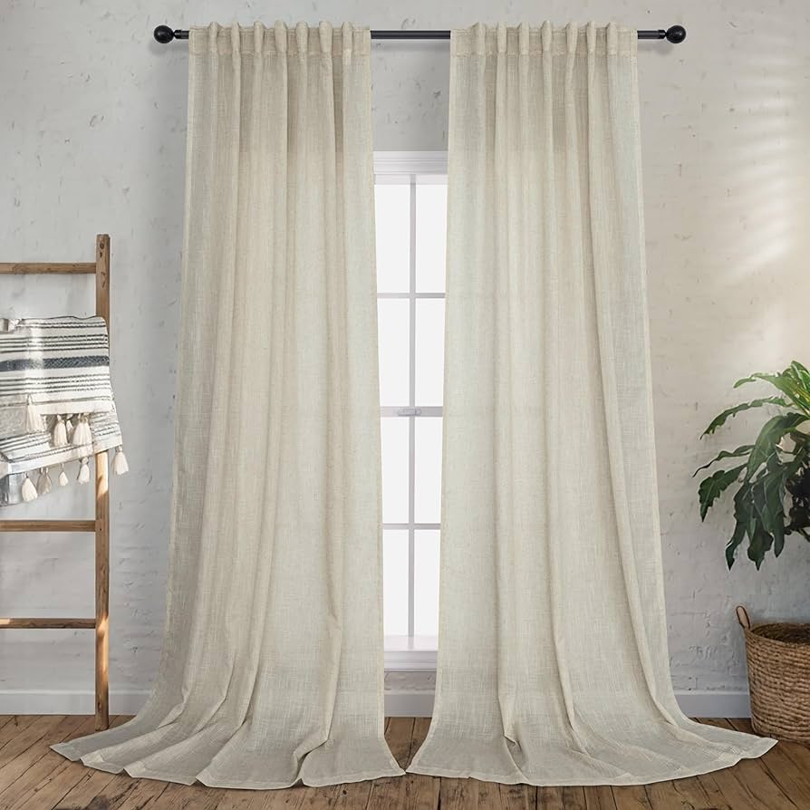 Ivory Cream Curtains 92 Inch Long For Living Room 2 Panel Back Tab Pleated Pocket French Country Farmhouse Geometric Embroidery Vintage Decorative Cotton Textured Semi Sheer Linen Curtain For Bedroom : Home & Kitchen