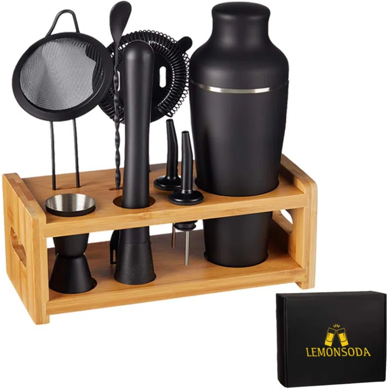 Lemonsoda 8 Piece Cocktail Shaker Set With Stand Complete Mixology Bartender Kit For Home Bar Drink Mixer Barware Bartending Kit With Martini Shaker Strainer Jiggers Wine Pourers Wooden Stand