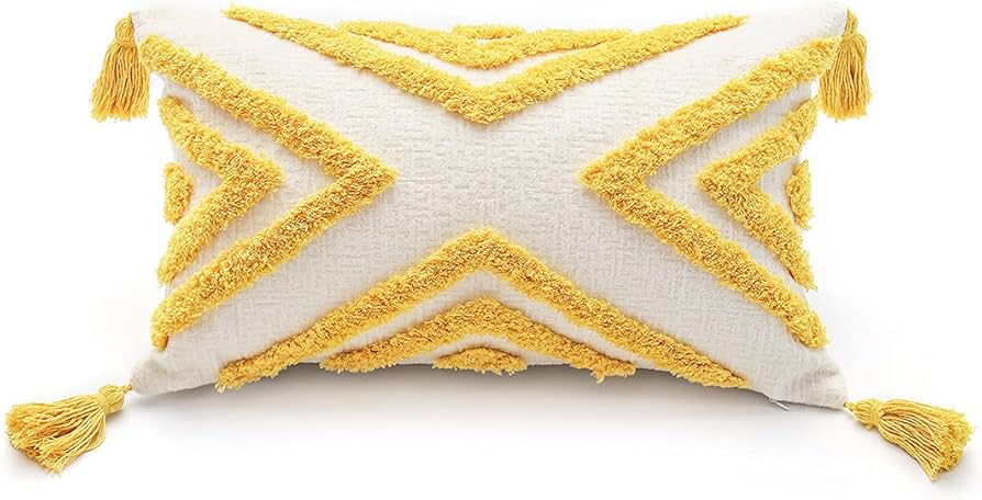 Boho Yellow Lumbar Throw Pillow Cover 12x20 Inch With Tassels
