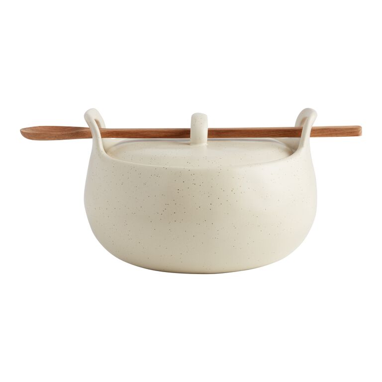 Round Speckled Covered Ceramic Baking Dish With Spoon