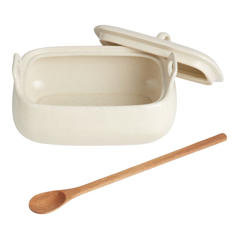 Speckled Covered Ceramic Baking Dish With Spoon