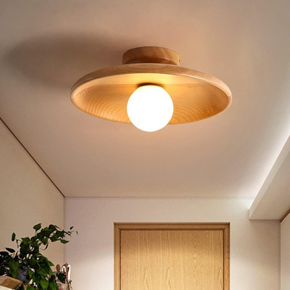 Baycheer Shallow Bowl Shaped Ceiling Lamp Minimalist Wooden Semi Flush Mount Light 1 Bulb Ceiling Light For Corridor Hallway
