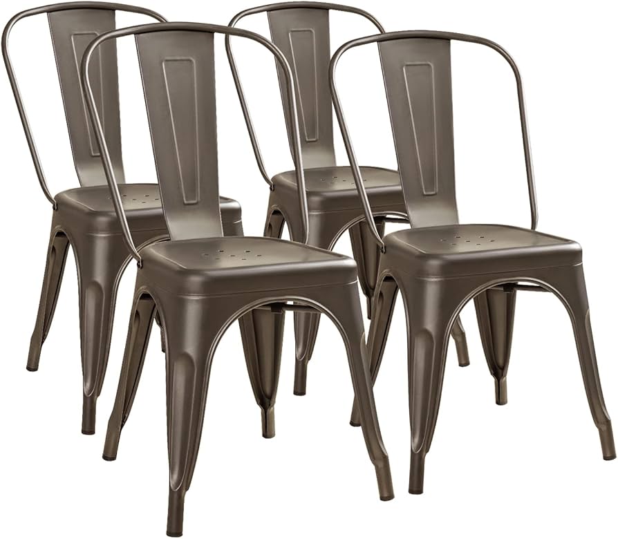 Metal Dining Chair Indoor Outdoor Use Stackable Classic Trattoria Chair Chic Dining Bistro Cafe Side Metal Chairs Set Of 4 (gun) : Patio