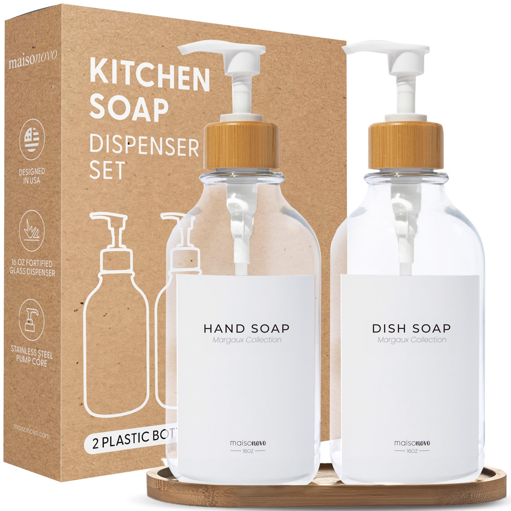Maisonovo Kitchen Soap Dispenser Set - Glass Soap Dispenser With Pump - Clear Bamboo White Pump 16.9 Fl Oz - Bathroom Soap Dispenser Set Of 2 - Soap And Lotion Dispenser Set With Tray : Home & Kitchen