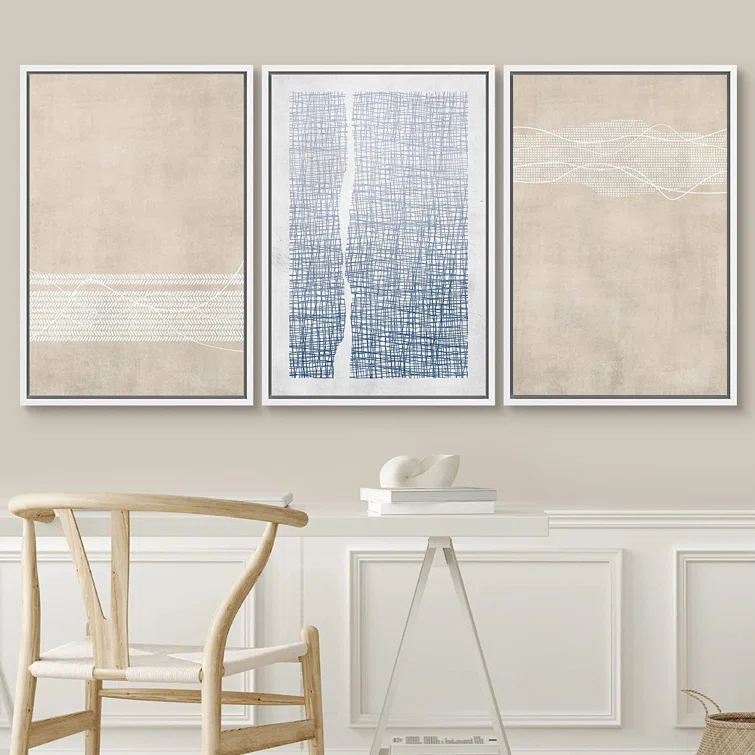Signleader Muted Tan Blue Geometric Grid Abstract Neutral Chic Artwork Wall Art Framed On Canvas 3 Piece Print