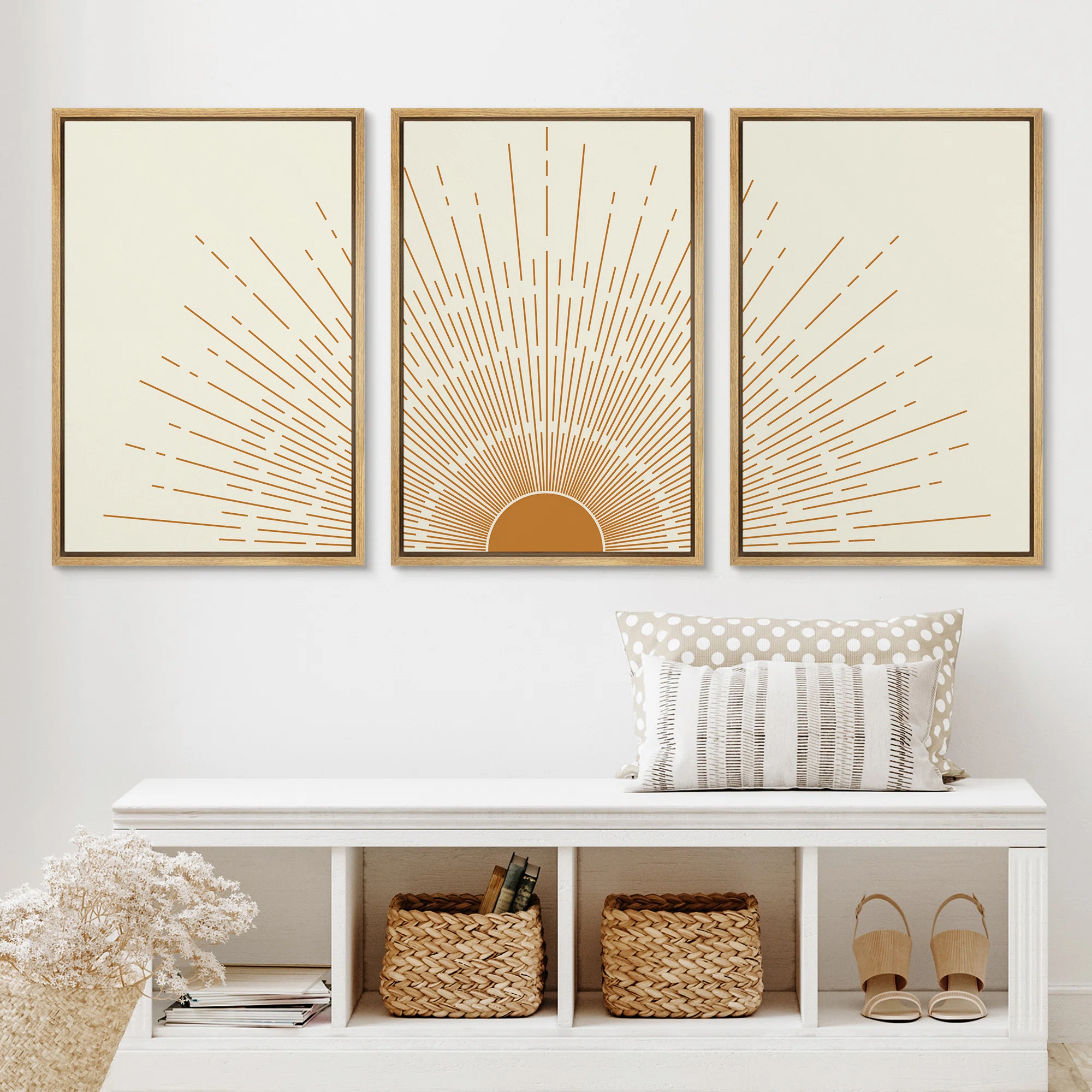 Idea4wall Bright Mid Century Modern Orange Minimal Sun Shineart Boho Decor Framed Canvas 3 Pieces Print Set