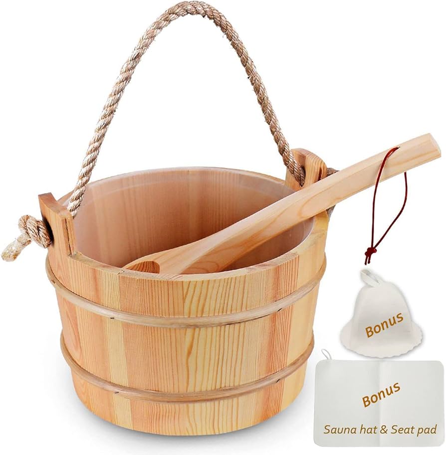 Bestnewie Sauna Bucket With Ladle Handmade Wooden Sauna Bucket Sauna Spa Accessory - 5 Liter (1.3 Gallon) Sauna Bucket With Felt Sauna Hat And Sauna Seat Pad : Patio