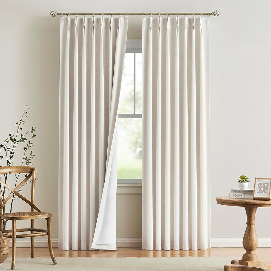 Vision Home Natural Pinch Pleated Full Blackout Curtains Linen Blended Room Darkening Window Curtains 102 Inch For Living Room Bedroom Thermal Insulated Pinch Pleat Drapes With Hooks 40" Wx102 Lx2 : Home & Kitchen