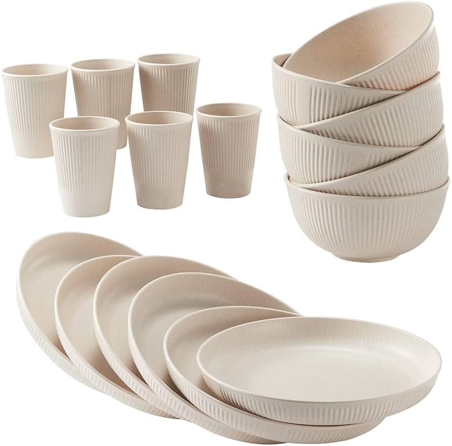 18pcs Wheat Straw Dinnerware Sets Hxypn Unbreakable Reusable Dinnerware Set Kitchen Cups Plates And Bowls Sets Dishwasher Microwave Safe Plates: Dinnerware Sets