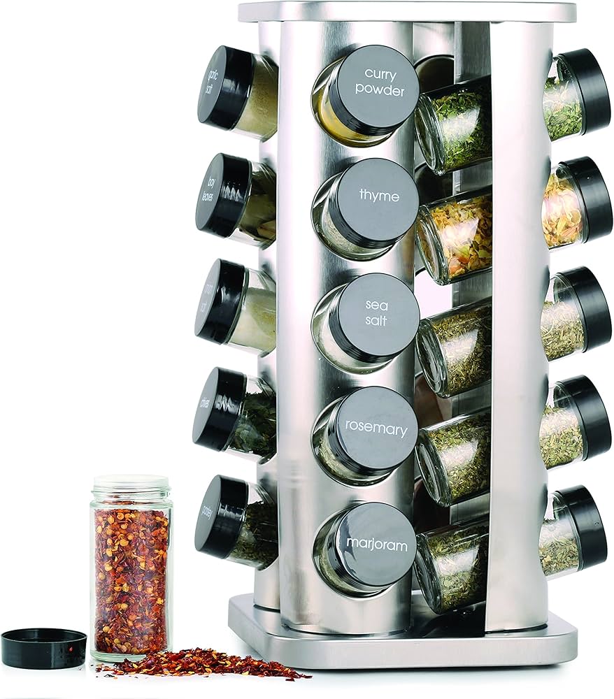 Orii 20 Jar Spice Rack With Spices Included - Revolving Tower Organizer For Kitchen Spices And Seasonings