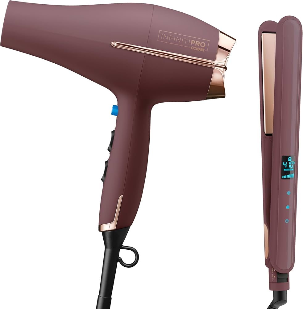 Conair Limited Edition Bundle | Infinitipro By Conair Hair Dryer With Diffuser - And - Conair Double Ceramic 1-inch Digital Flat Iron | Plum | Amazon Exclusive