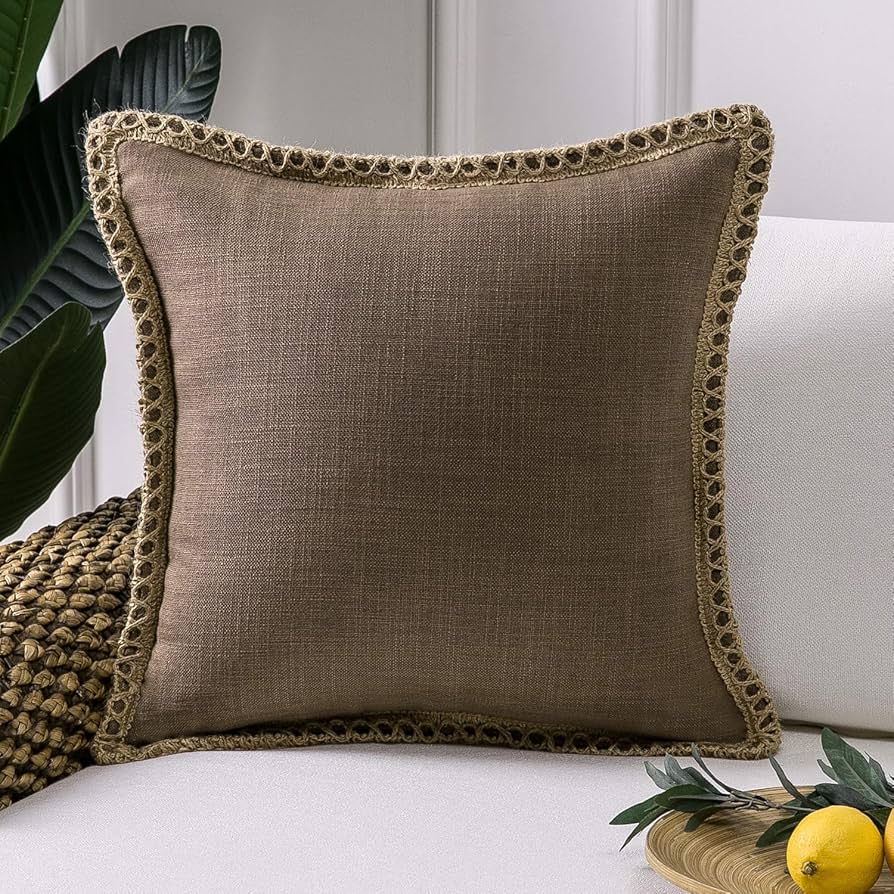 Phantoscope Pack Of 2 Farmhouse Decorative Solid Throw Decorative Pillow Cover Burlap Linen Trimmed Tailored Edges Coffee 18 X 18 Inches