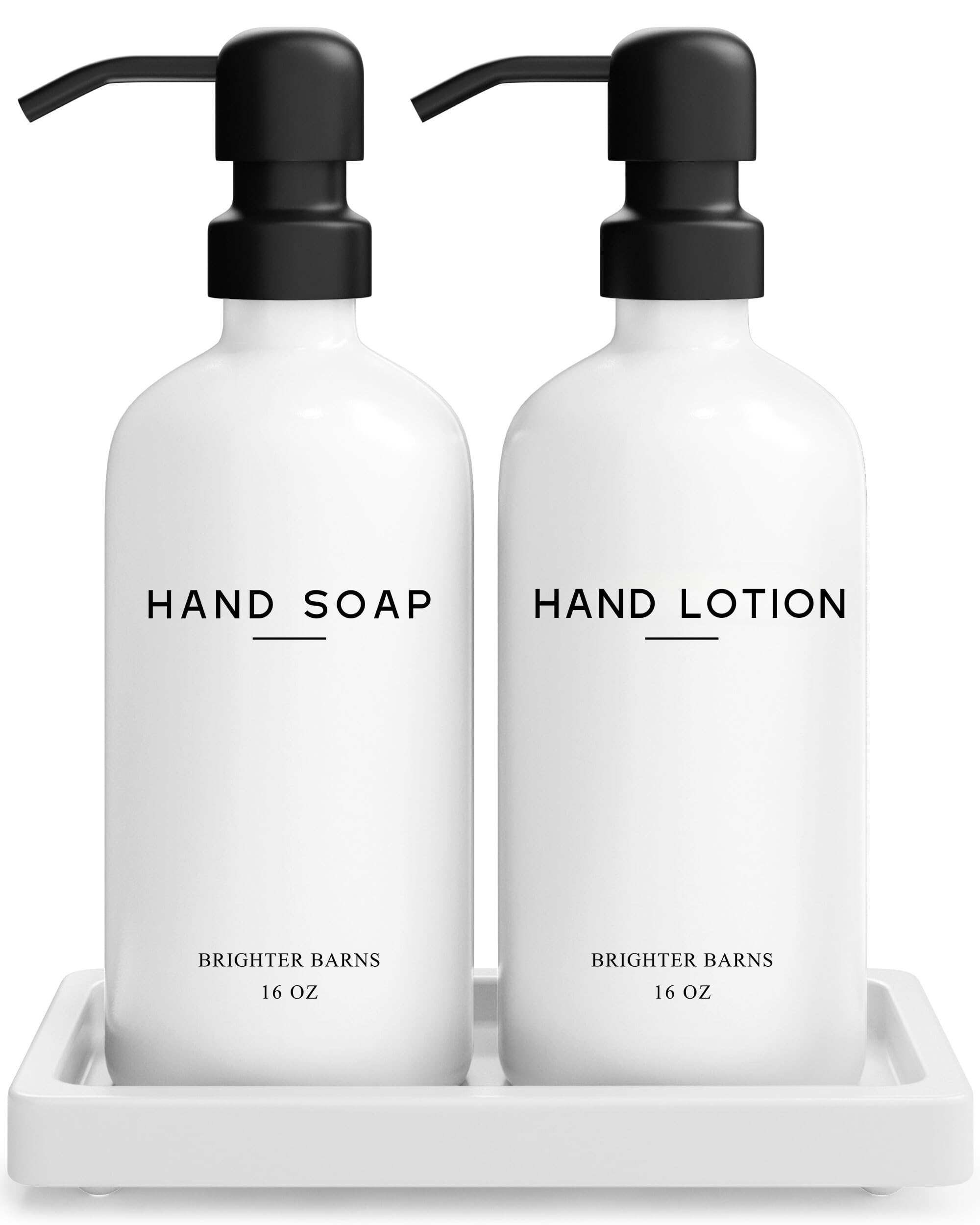 White Glass Soap And Lotion Dispenser Set With Tray By Brighter Barns - Hand Soap Dispenser Bathroom Set & Stainless Steel Pump For Home Or Vacation Rental - White Bathroom Accessories & Decor (white) : Home & Kitchen