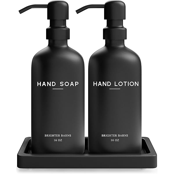 Black Glass Soap And Lotion Dispenser Set With Tray By Brighter Barns - Hand Soap Dispenser Bathroom Set & Stainless Steel Pump For Home - Black Bathroom Accessories