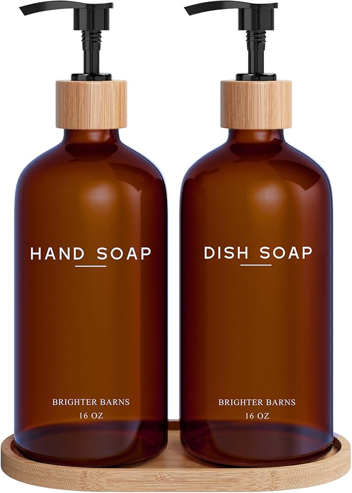 Amber Glass Soap And Lotion Dispenser Set With Tray By Brighter Barns - Hand Soap Dispenser Bathroom Set & Stainless Steel Pump For Home