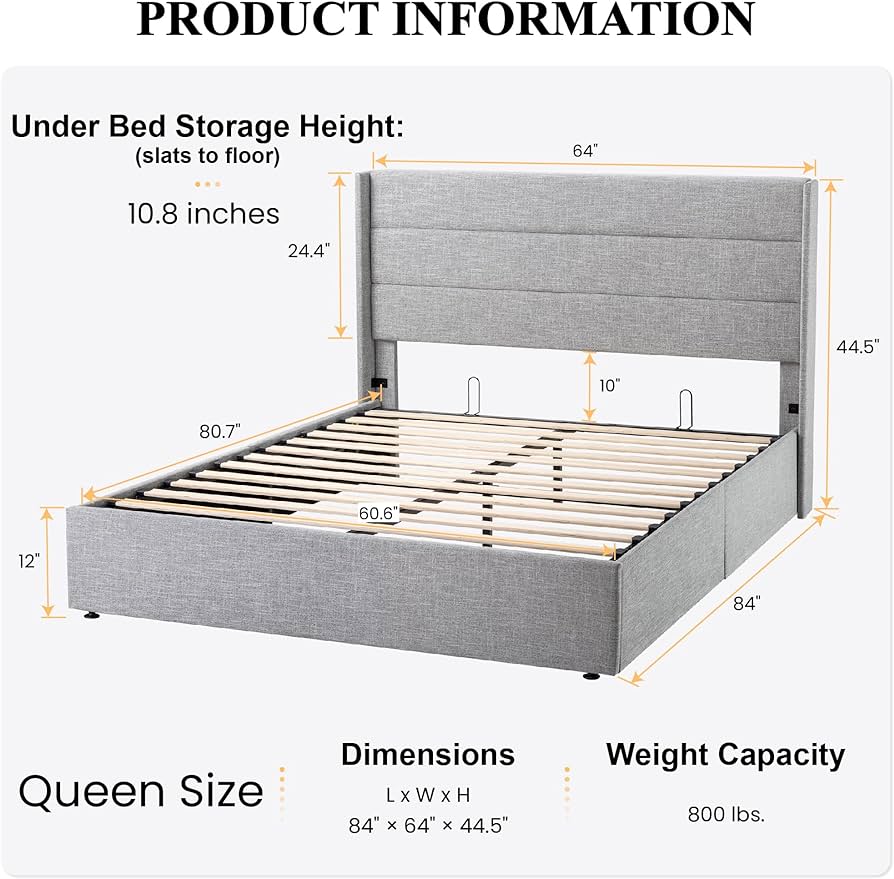 Sha Cerlin Queen Size Lift Up Storage Bed/modern Wingback Headboard/upholstered Platform Bed Frame/hydraulic Storage/no Box Spring Needed/wood Slats Support/light Beige : Home & Kitchen