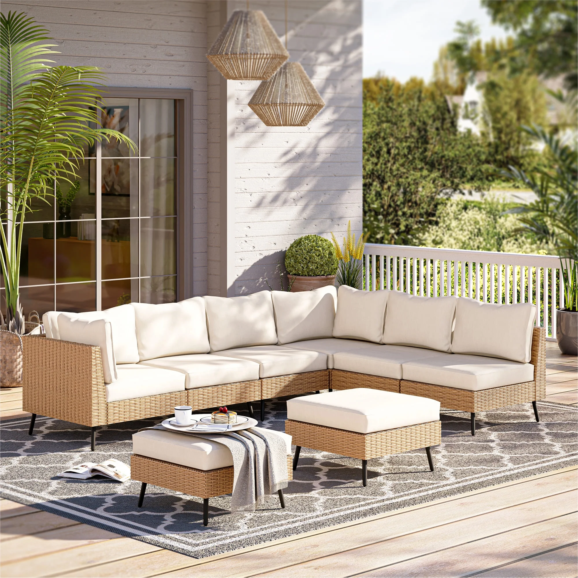 Lausaint Home 8-piece Patio Furniture Set, Outdoor Sectionals With 6 Chairs, 2 Ottomans And Plush Beige Cushions
