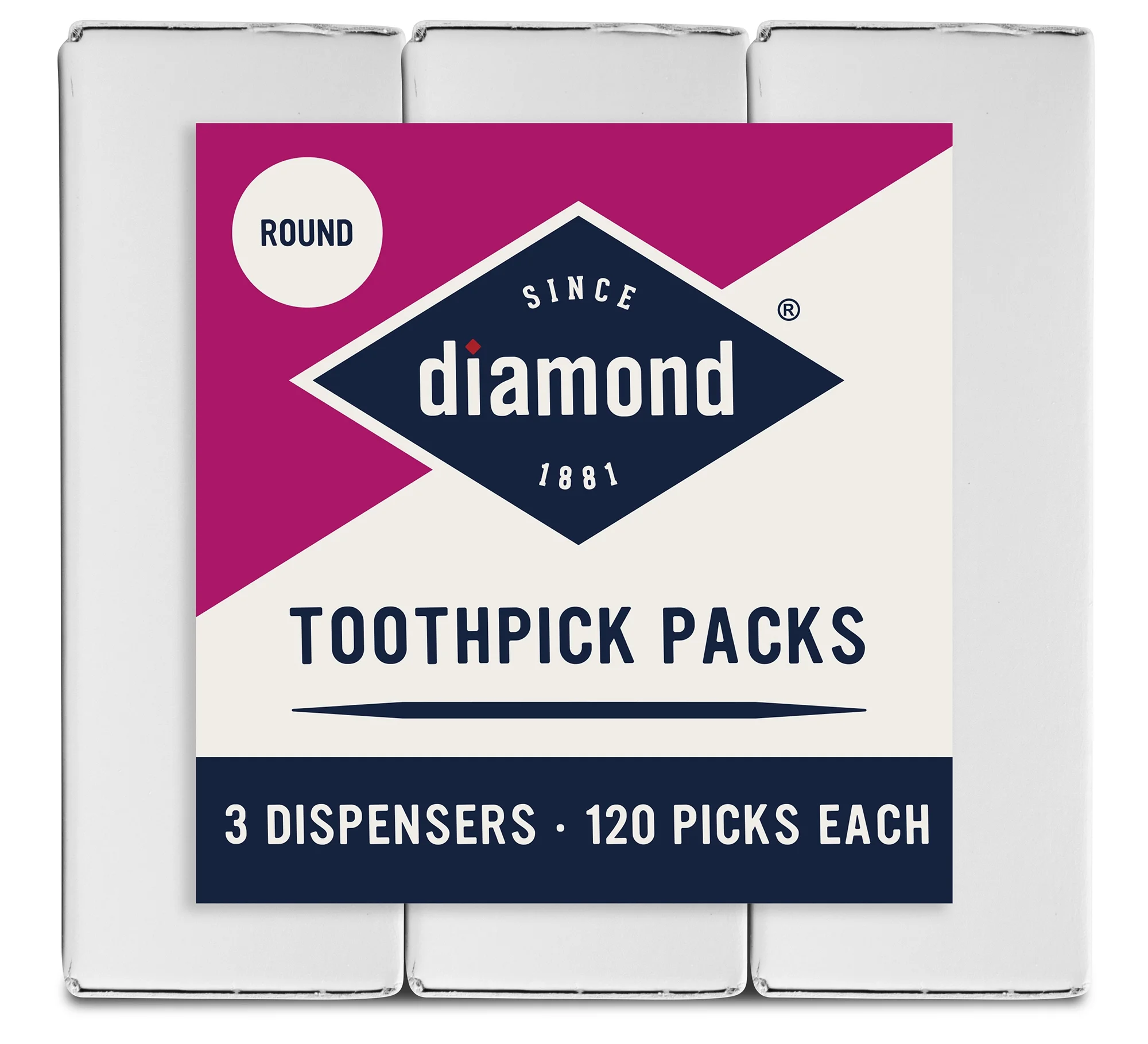 Diamond Toothpick Dispenser Packs, 3 Count, 120 Toothpicks Each Dispenser, Total 360 Wood Toothpicks Per Purchase Pack. Model Number 535376904. Assembled Product Height 3.1"