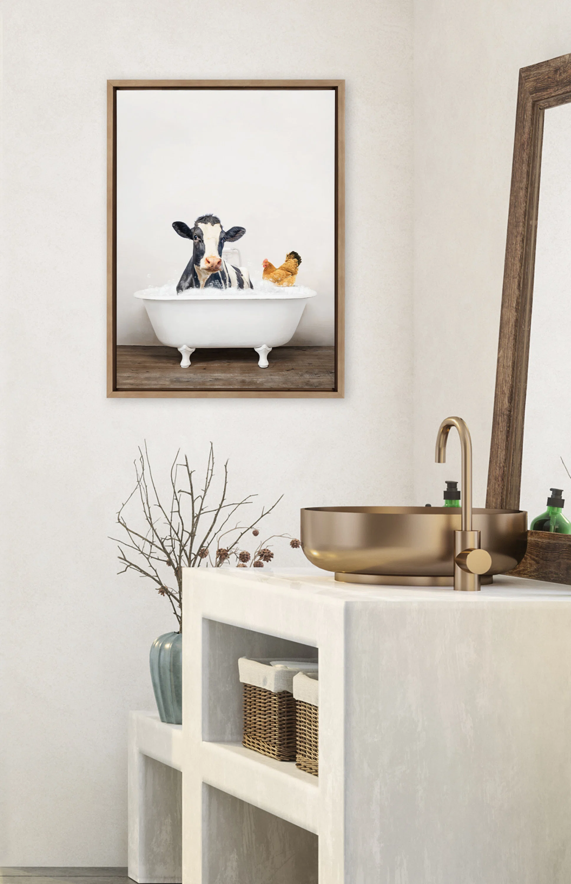 Trinx Cow And Chicken In Rustic Bath Framed Canvas By Amy Peterson Art Studio 18x24