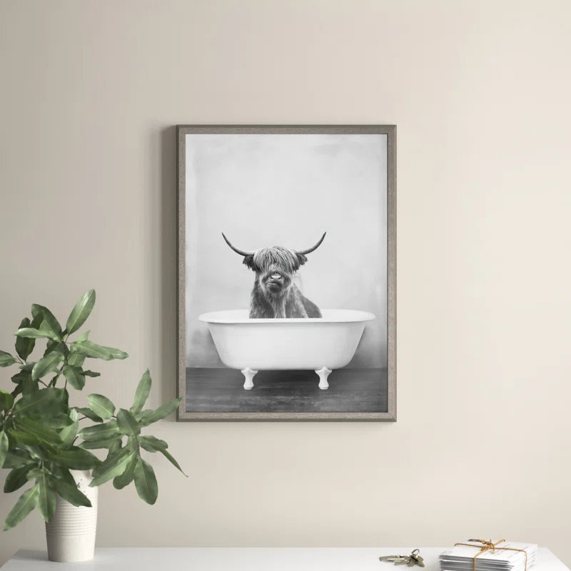 The Twillery Co Highland Cow In The Tub Bw By Amy Peterson Picture Frame Print On Glass