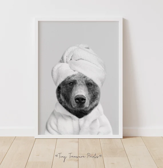 Bear Print Funny Bathroom Art Black And