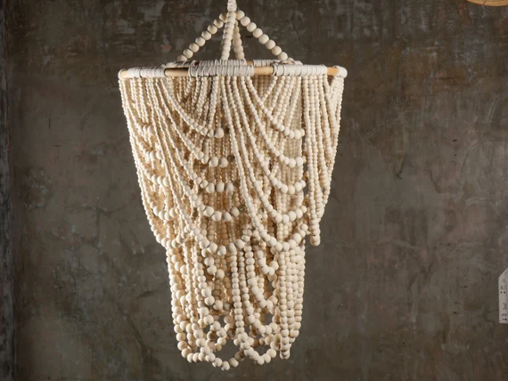 Natural Wood Beaded Lampshade Beaded