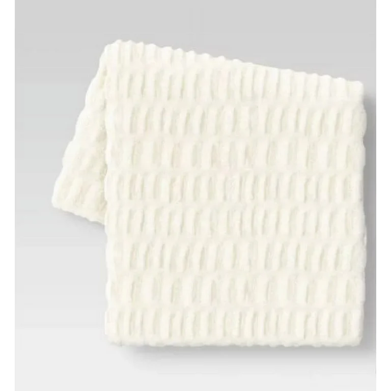50"x60" Ruched Faux Rabbit Fur Throw Blanket Neutral - Threshold™: Plush, Machine Washable, Reversible