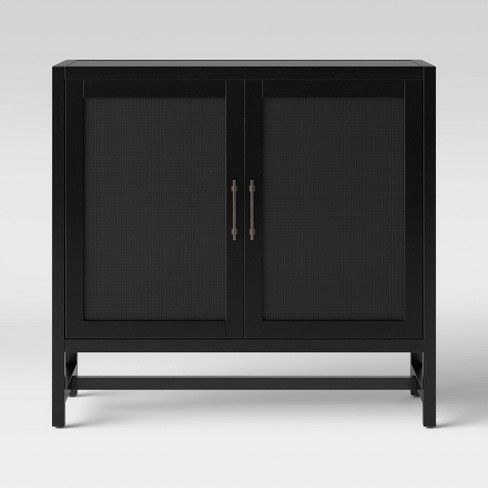 Warwick 2 Door Cabinet Black - Threshold™: Rattan Accent, Adjustable Shelf, Mesh Doors