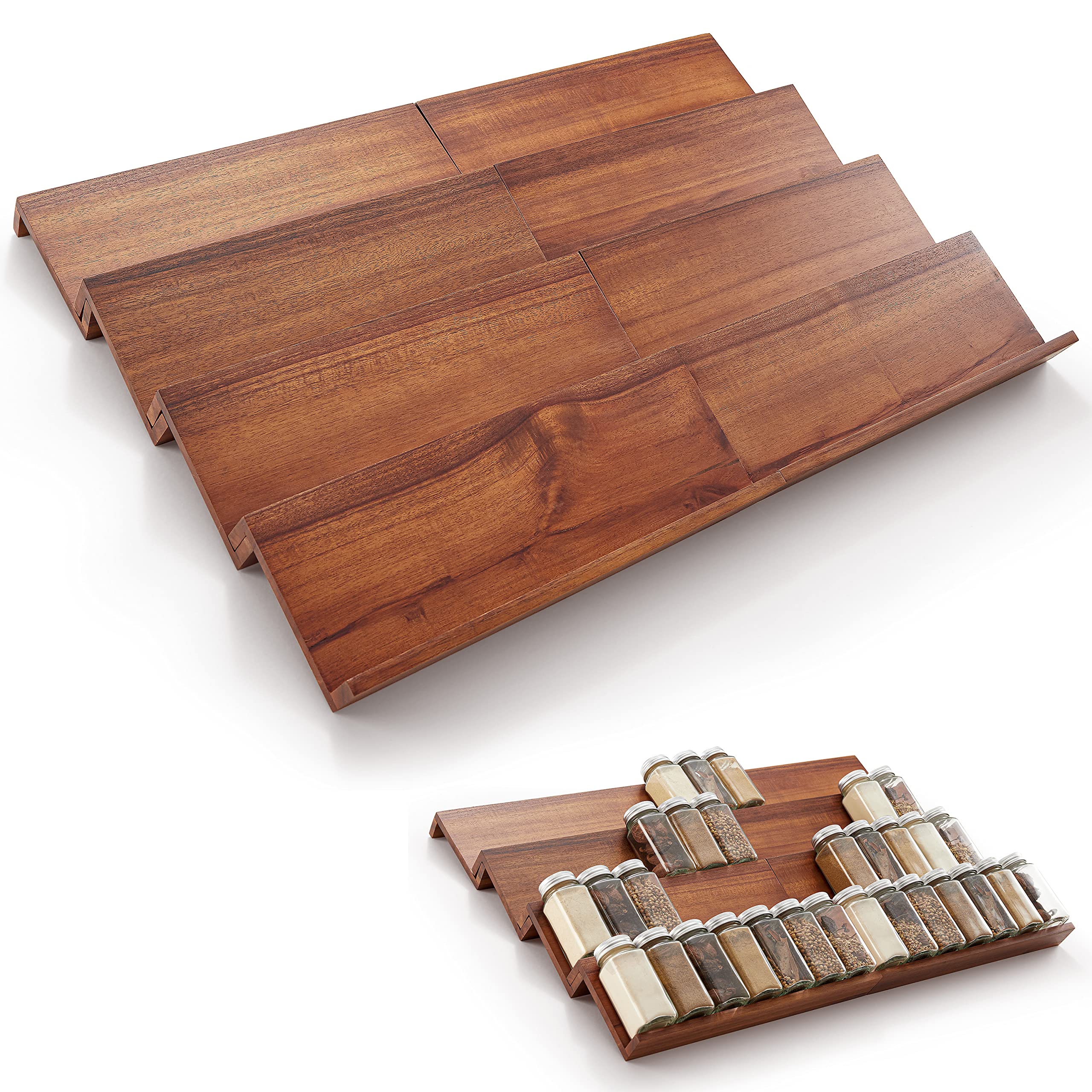 Tinamo Wood Spice Drawer Organizer - Acacia Wooden Tray Spice Racks Organizer For Cabinet Storage Shelf - 4 Tier Spice Rack Organizer For Drawer 64 Jars (pack 8): Home & Kitchen