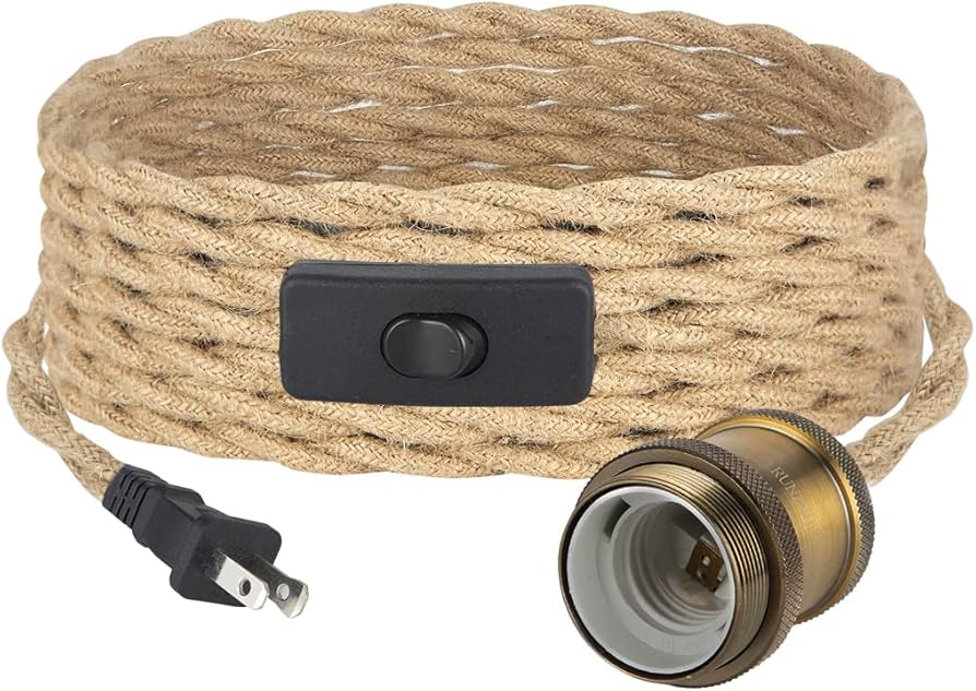 Industrial 16.4ft Pendant Light Cord - Hanging Light Kit With Switch Plug In Vintage Fabric Lamp Cord With Twisted Hemp Rope Pendant Lights Socket Set E26 E27 (vintage Brass)
