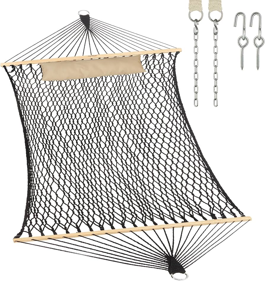 Joyview Traditional Rope Double Hammock - Hand Woven Cotton Hammock With Hardwood Spreader Bar And Pillow 450lb Capacity 2 Person Hammock For Outdoor Indoor Patio Yard - Black : Patio