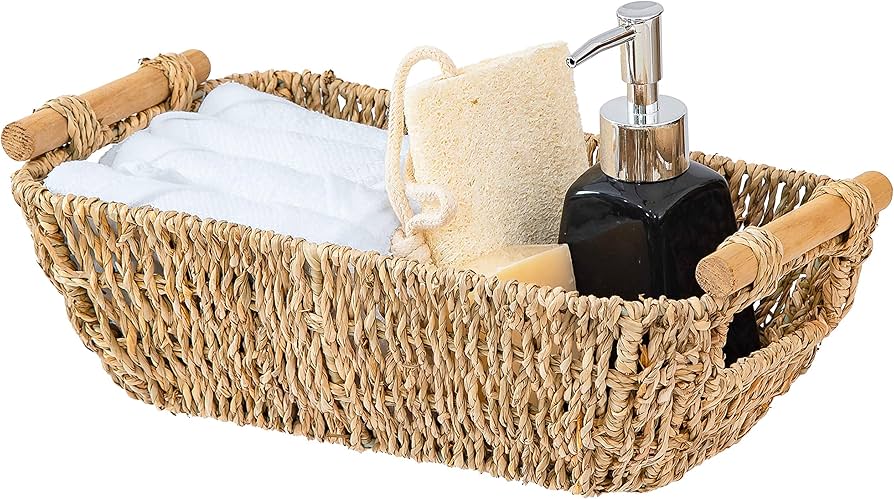 Artera Small Wicker Basket For Bathroom - Woven Seagrass Basket With Wooden Handles For Towels