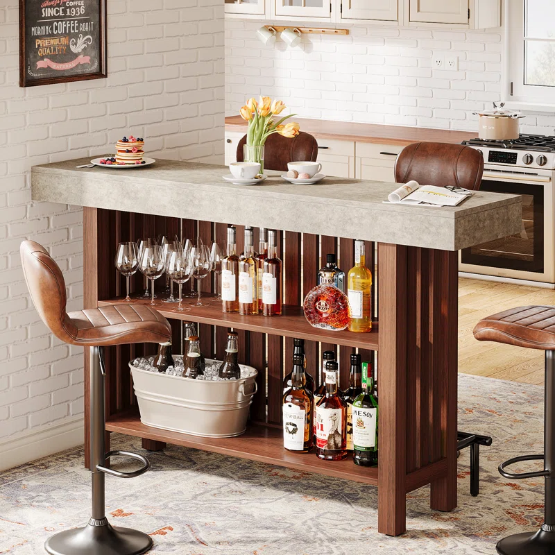 Modern 2-Tier Bar Table Footrest Home Bar Unit Corner Mini Coffee Bar Cabinet Kitchen Pub
