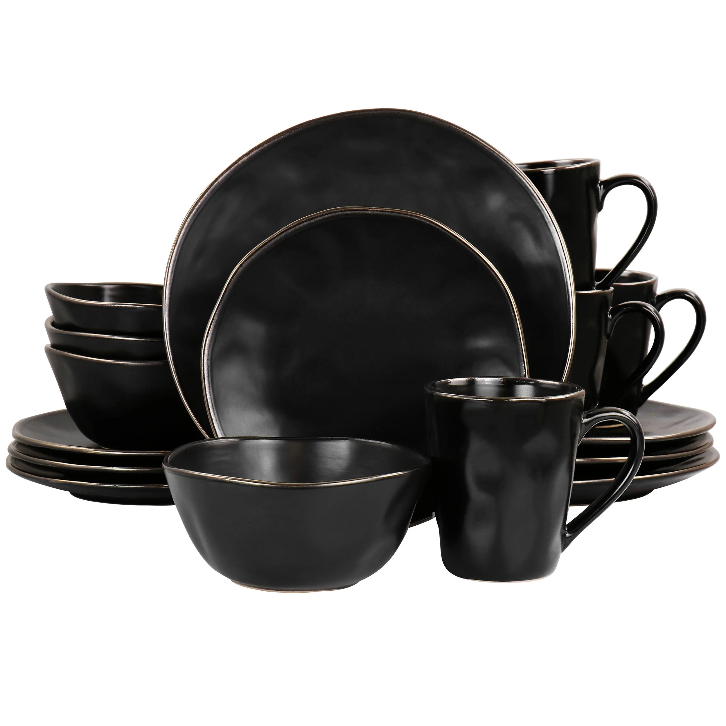 Elama Modern 16 Piece Stoneware Dinnerware Set In Matte Black With Gold Rim
