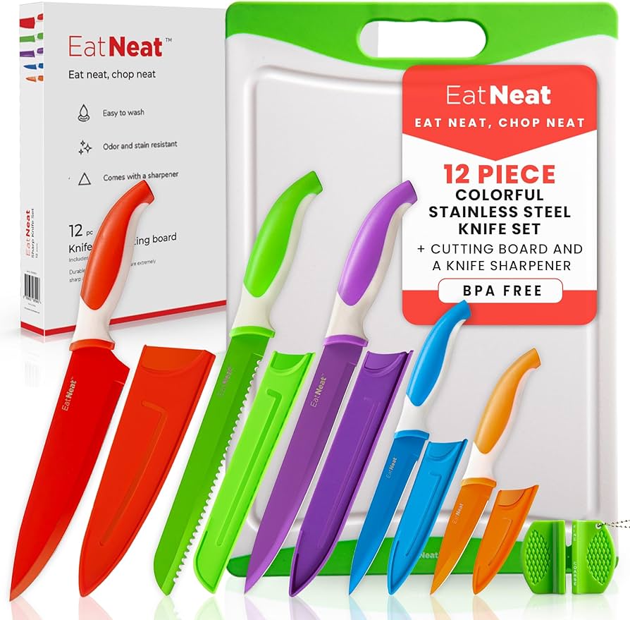 Eatneat 12 Piece Knife And Cutting Board Set: Premium Colorful Non-stick Stainless Steel Chef Knife With Protective Sheaths & Sharpener - Cooking Gifts Idea - Ergonomic Sharp Knives For Kitchen: Home & Kitchen