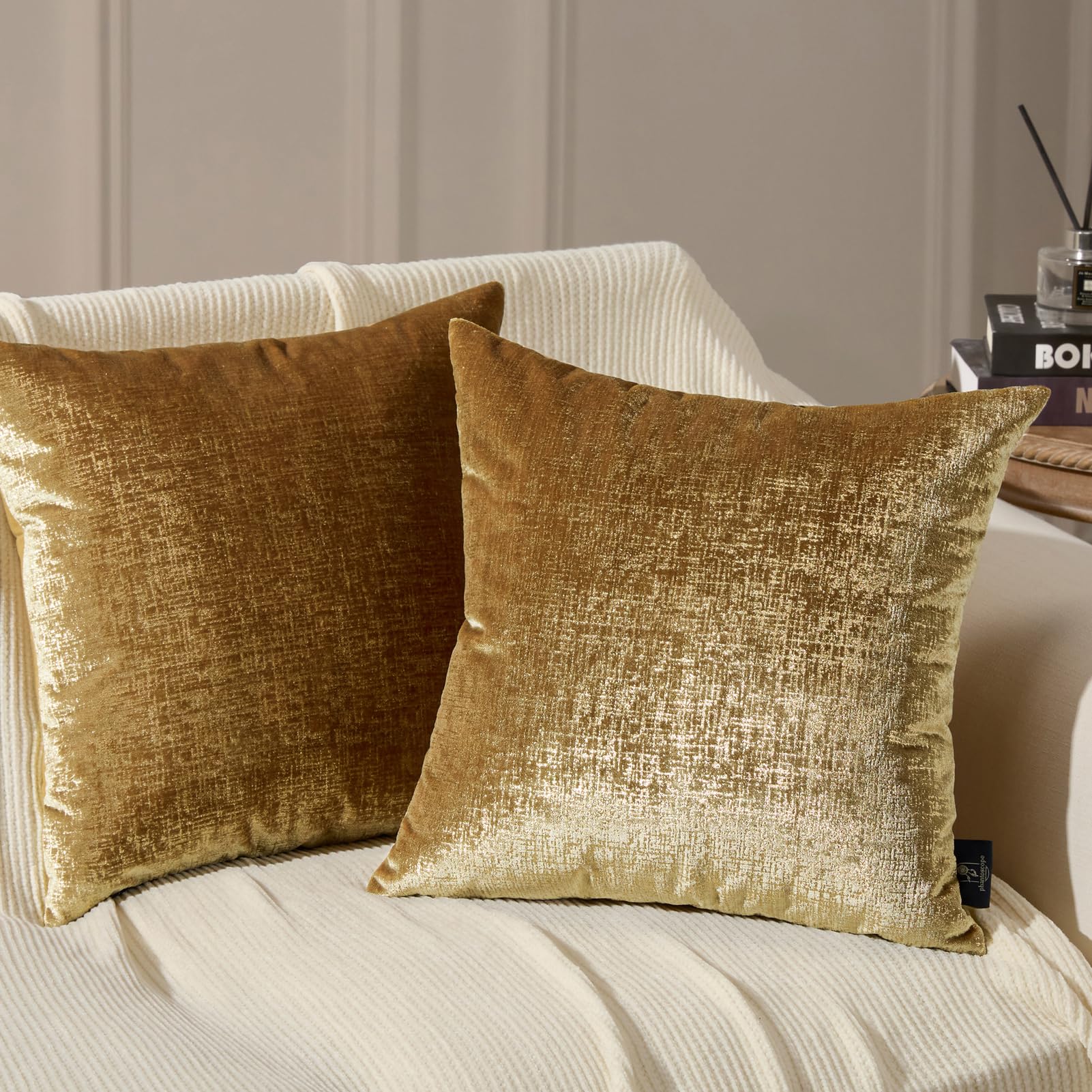 Phantoscope Pack Of 2 Sparkling Velvet Decorative Solid Throw Decorative Pillow Cover Soft Gold Glitter Square Cushion Cover Pillowcase For Couch Bed And Chair