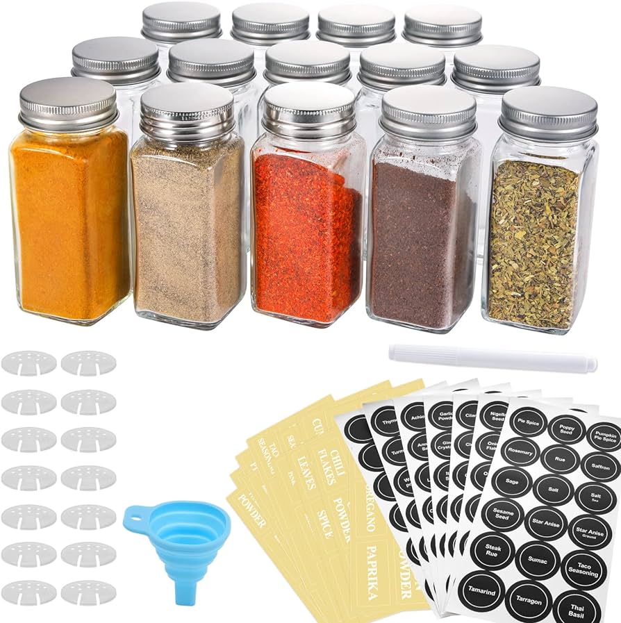 Aozita 14 Pcs Glass Spice Jars With Spice Labels - 4oz Empty Square Spice Bottles - Shaker Lids And Airtight Metal Caps - Chalk Marker And Silicone Collapsible Funnel Included : Home & Kitchen