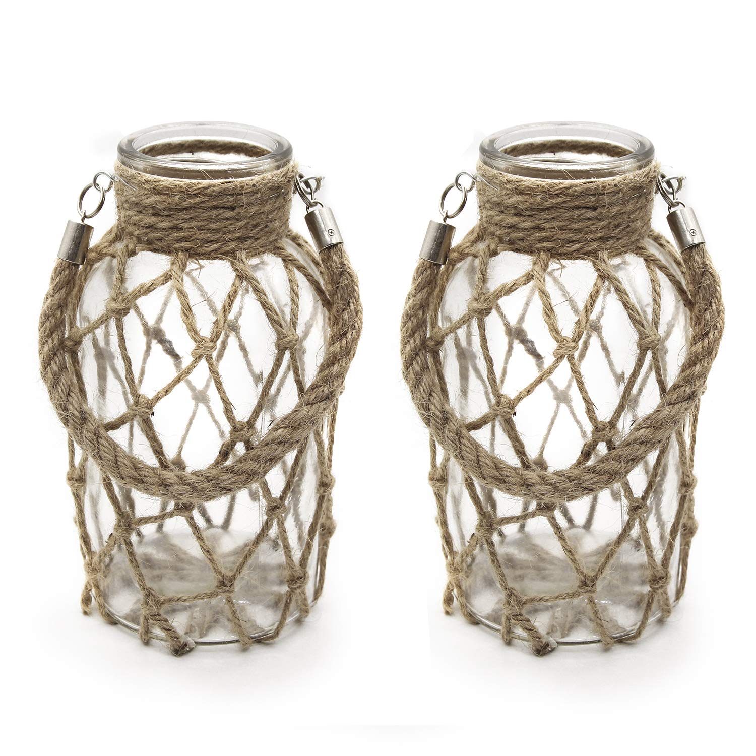 Funsoba Rustic Hanging Mason Nautical Jar Rope Net Dry Flower Glass Vase With Handle Pack Of 2 (2 Vase 8") : Home & Kitchen